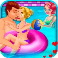 Adorable Couple Pool Kiss